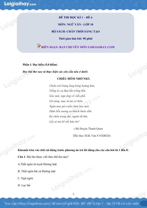 Đề thi học kì 1 Văn 10 Chân trời sáng tạo - Đề số 6